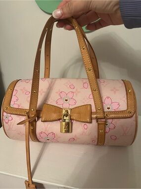 Louis Vuitton Pink Floral Cherry Blossom Cylinder Shoulder Bag with Tan Trim
